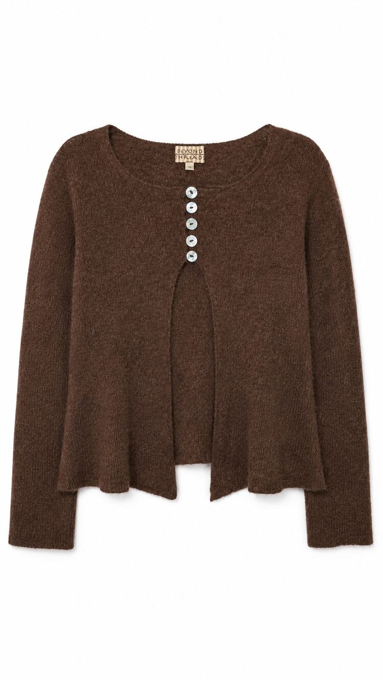 Beyond Threads Brown Baby Alpaca Wool Cardigan, Mother of Pearl Buttons, Size M